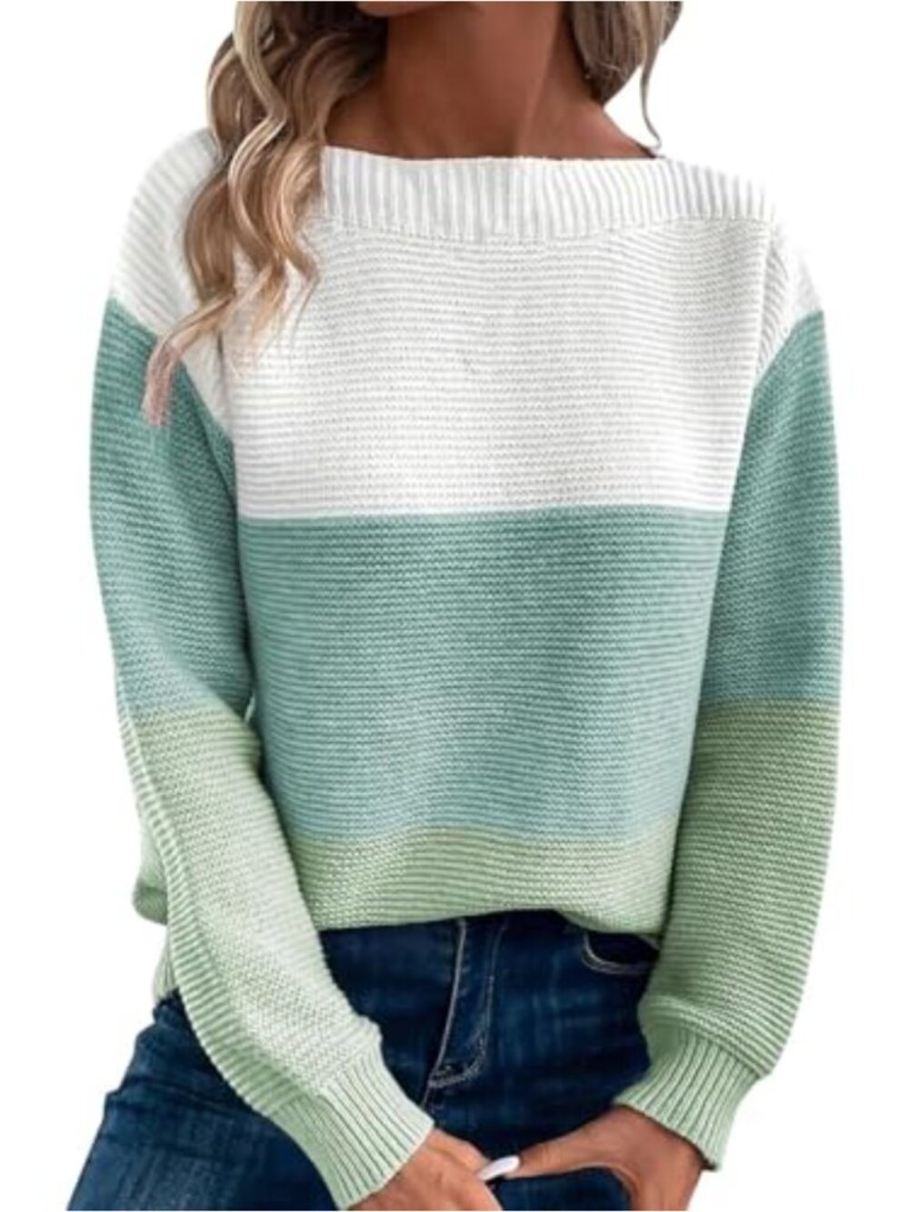 Womens Long Sleeve Crew Neck Color Block Knitted Pullover Sweater